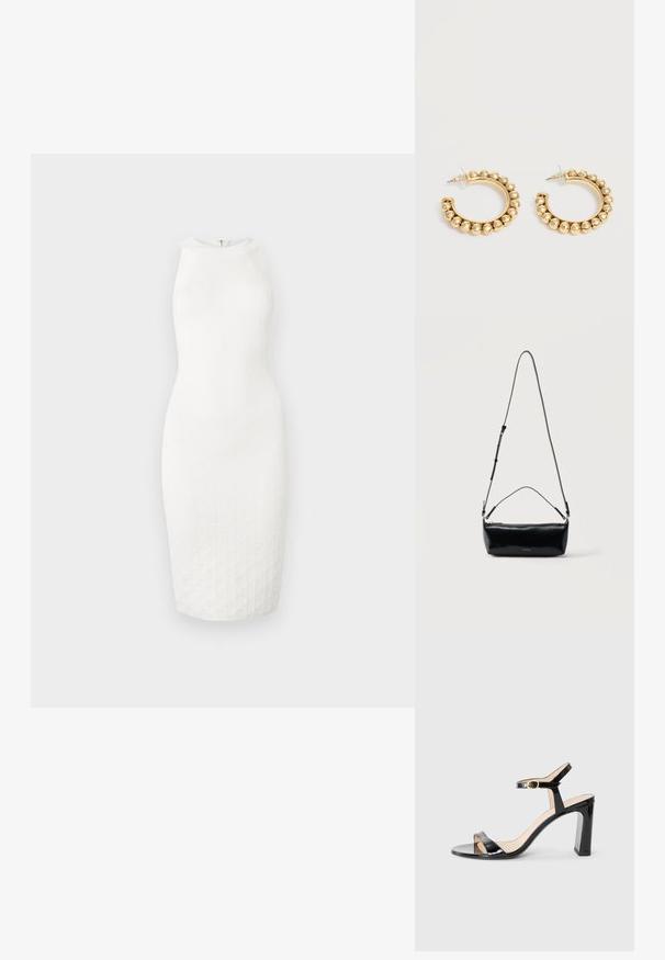 Robe blanche sans manches jusqu'aux genoux avec un col montant et un motif texturé subtil sur le tissu, présentée sur un fond uni.; Sandale à talons hauts en cuir verni noir avec une bride au niveau de la cheville, bout ouvert et talon carré. Texture lisse et design minimaliste.; Sac bandoulière rectangulaire en cuir noir avec bandoulière ajustable, fermeture éclair sur le dessus et petit logo Calvin Klein doré sur le devant.; Paire de boucles d’oreilles créoles dorées avec des détails de perles arrondies le long du bord extérieur sur un fond clair.