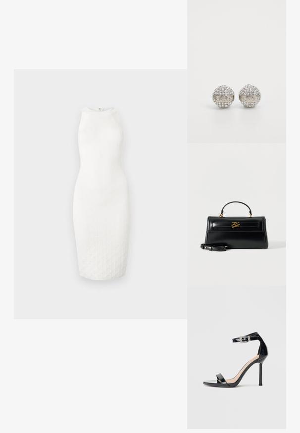 Robe blanche sans manches jusqu'aux genoux avec un col montant et un motif texturé subtil sur le tissu, présentée sur un fond uni.; Sandale à talon haut en cuir verni noir avec bride à la cheville. Présente un design minimaliste, un bout ouvert et une boucle ornée de strass.; Sac à main en cuir noir avec poignée supérieure, bandoulière amovible et logo décoratif doré sur le rabat avant.; Boucles d'oreilles rondes dotées d'un bandeau argenté avec du texte en relief, ornées de multiples cristaux transparents créant une surface scintillante.