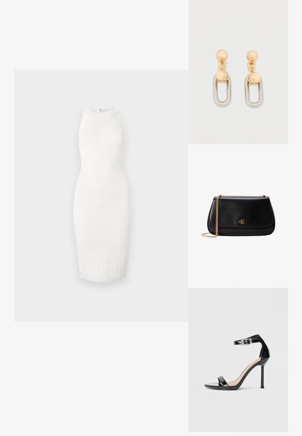 Robe blanche sans manches jusqu'aux genoux avec un col montant et un motif texturé subtil sur le tissu, présentée sur un fond uni.; Sandale à talon haut en cuir verni noir avec bride à la cheville. Présente un design minimaliste, un bout ouvert et une boucle ornée de strass.; Sac à épaule en cuir noir avec bandoulière chaîne dorée et petit logo CK doré sur le rabat avant.; Boucles d'oreilles en or et argent avec un dessus sphérique et un élément pendant ovale allongé à finition brillante.
