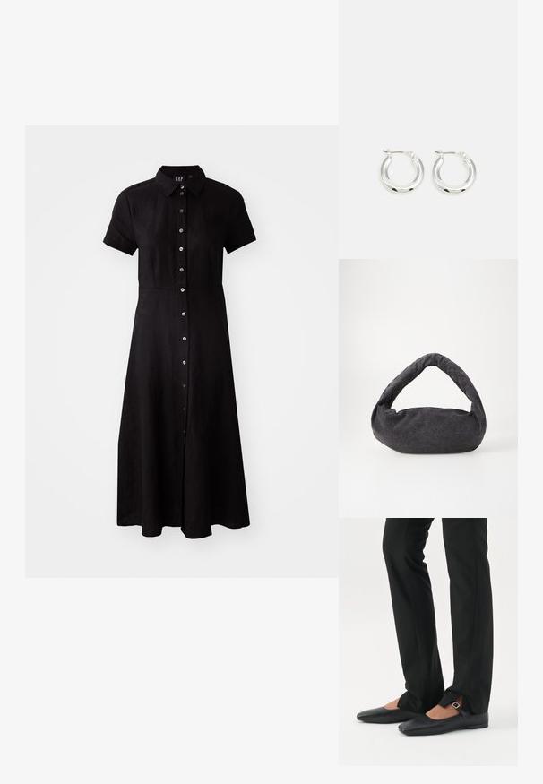 Robe noire à manches courtes avec un devant à boutons, un col et une jupe de longueur genoux en tissu léger. Texture douce et coupe ajustée.; Jambes vêtues d’un pantalon slim noir avec des fentes à l’avant de l’ourlet, assorties à des chaussures plates Mary Jane noires avec une petite bride à boucle.; Sac en tissu gris foncé avec une anse courbée, texture douce et forme arrondie. Pas de matériel ou d'embellissements visibles.; Boucles d'oreilles en argent avec une finition polie, présentant une forme circulaire et une fermeture à charnière. Texture lisse avec un minimum de détails.