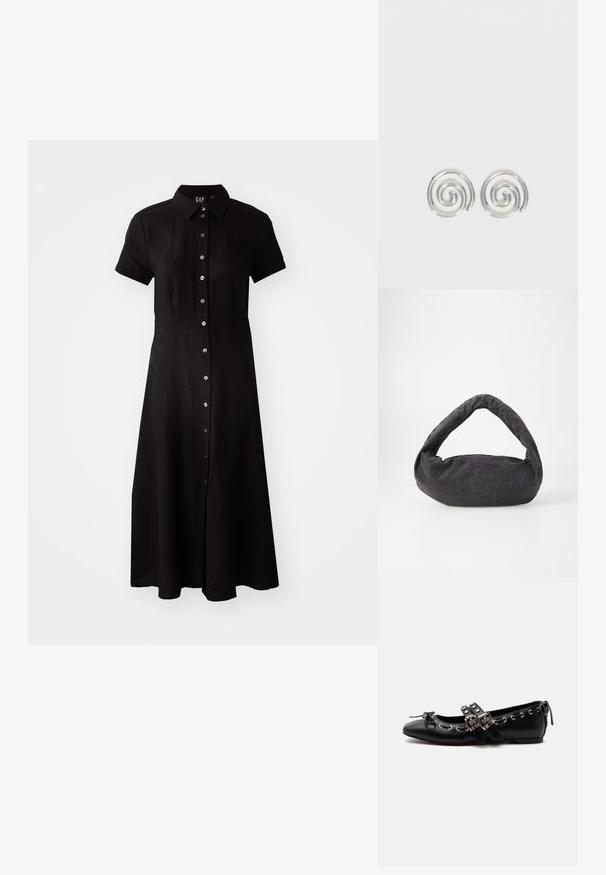 Schwarzes kurzes Kleid mit kurzen Ärmeln, Knopfleiste, Kragen und knielangem Rock aus leichtem Stoff. Glatte Textur und taillierte Passform.; Schwarzer flacher Ballettschuh mit doppelten Schnallenriemen, silbernen Ösen und einer kleinen Schleife nahe der abgerundeten Spitze auf weißem Hintergrund.; Dunkelgraue Stofftasche mit einem gebogenen Griff, weicher Textur und runder Form. Keine sichtbaren Beschläge oder Verzierungen.; Paar silberne Spiral-Creolen mit glattem, rundem Design auf einfachem weißem Hintergrund.