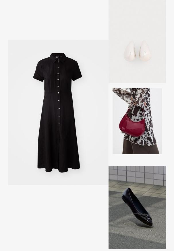 Schwarzes kurzes Kleid mit kurzen Ärmeln, Knopfleiste, Kragen und knielangem Rock aus leichtem Stoff. Glatte Textur und taillierte Passform.; Schwarzer spitzer Ballerinaschuh mit zwei kleinen silbernen Schnallen, der über Asphalt nahe einer gefliesten Wand schwebt.; Frau trägt eine schwarz-weiß gemusterte Bluse und hält eine glänzende rote Schultertasche vor einem einfarbigen Hintergrund.; Silberne Metall-Ohrringe in Tropfenform mit einer glatten, reflektierenden Oberfläche, die ein nahtloses Design und keine sichtbaren Verzierungen aufweisen.