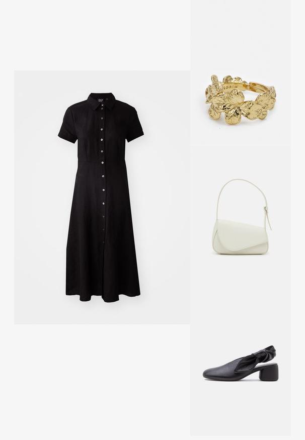 Schwarzes kurzes Kleid mit kurzen Ärmeln, Knopfleiste, Kragen und knielangem Rock aus leichtem Stoff. Glatte Textur und taillierte Passform.; Schwarzer Leder-Slingback-Schuh mit abgerundeter Spitze, einem geknoteten Riemendetail und niedrigem Blockabsatz auf weißem Hintergrund.; Weiße Kunstleder-Handtasche mit einer strukturierten dreieckigen Form, einem verstellbaren Einzelgurt und einem Klappenverschluss mit geschwungenen Akzenten.; Goldfarbener Ring mit floralem Design und strukturierten Blättern. Der Band ist offen und ermöglicht eine verstellbare Größe.