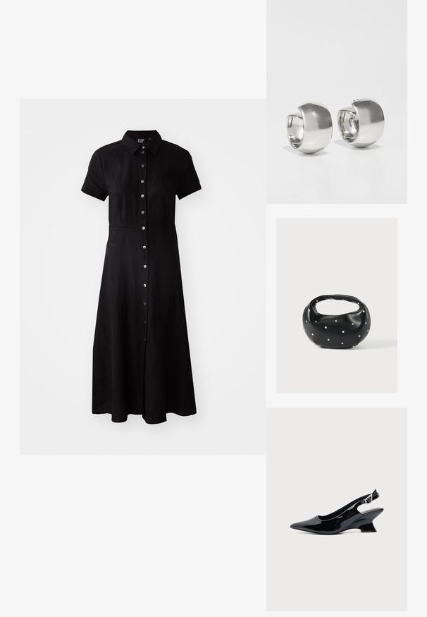 Robe noire à manches courtes avec un devant à boutons, un col et une jupe de longueur genoux en tissu léger. Texture douce et coupe ajustée.; Chaussure slingback en cuir verni noir avec bout pointu et petit talon bloc incliné sur fond clair uni.; Sac à main en cuir noir de forme arrondie, décoré de clous argentés et équipé d'une poignée courte. Texture lisse et fermeture éclair.; Uncommon Matters SCULPTURAL LARGE CREOLE - Boucles d'oreilles - silver-coloured