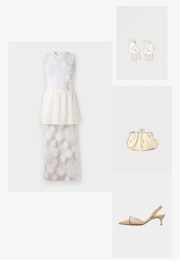 Witte jurk met mouwloze top met bloemenborduursel, gelaagde peplum taille en een doorschijnende onderrok versierd met bloemmotieven.; Beige kittenheel slingback met puntige neus, decoratieve knoop op het bovenwerk en een lage, slanke hak.; Geplooide beige leren clutch met een zilveren metalen frame, voorzien van twee ronde decoratieve sluitingen en een zilveren kettingriem.; Duidelijke hars oorbellen in schelpvorm met kleine gouden accenten en drie hangende doorschijnende druppelvormige bedels aan elk oorbel.