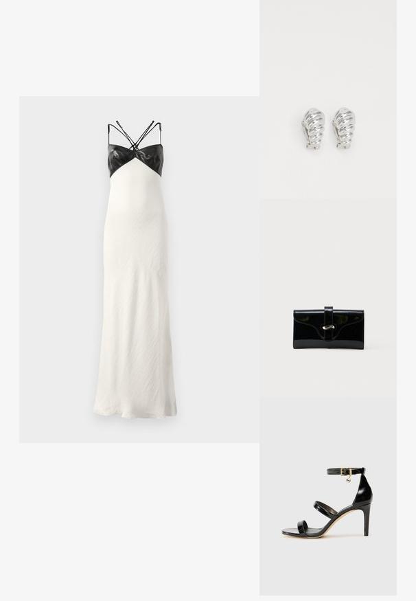 Vestido maxi blanco con un corsé de cuero negro ajustado, finas tirantes ajustables y una falda de tejido texturizado que fluye.; Sandalia de charol negro con tres correas, hebilla en el tobillo y tacón de aguja de 10 cm. Presenta detalles de hardware en oro y un charm con el logo.; Cartera rectangular negra y brillante con una correa frontal y cierre de broche metálico plateado, colocada sobre un fondo blanco liso.; Pendientes de clip plateados con un diseño en espiral, que presentan una textura metálica suave y formas redondeadas. Sin adornos ni patrones visibles.