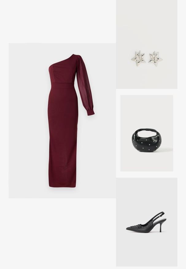 Vestido de noche burdeos con diseño de un solo hombro, que presenta un corsé ajustado y una larga manga de globo transparente. Textura suave, longitud hasta el suelo.; Sandal de tacón stiletto negro de cuero con punta afilada, correa lateral con hebilla, tachuelas a lo largo del borde y cordones decorativos en la parte delantera.; Bolso de mano de cuero negro con forma redondeada, decorado con detalles de tachuelas plateadas y un asa corta. Textura lisa y cierre con cremallera.; Pendientes de aro plateados en forma de estrella con un acabado liso y pulido sobre un fondo blanco liso.