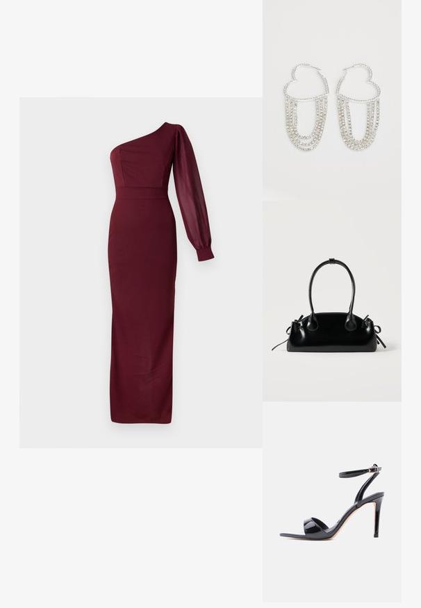 Vestido de noche burdeos con diseño de un solo hombro, que presenta un corsé ajustado y una larga manga de globo transparente. Textura suave, longitud hasta el suelo.; Sandalia de tacón alto de charol negro con punta abierta, tira en el tobillo y cierre de hebilla, mostrada de perfil sobre un fondo blanco.; Pequeño bolso negro brillante con dos asas largas y detalles de cordón lateral sobre un fondo claro liso.; Pendientes de aro plateados en forma de corazón, con hebras en cascada de strass transparentes que aportan un brillo y textura adicionales.