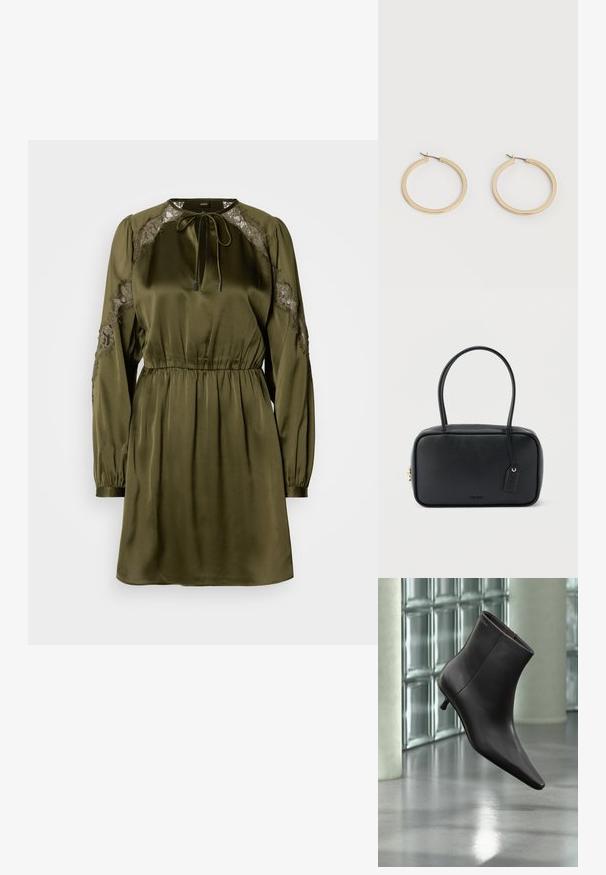 Robe vert olive en satin avec des manches longues, des accents en dentelle aux épaules, un col à cordon, et une taille élastique. Texture lisse.; Bottine en cuir noir avec bout pointu et petit talon, présentée devant un mur en blocs de verre et un sol poli.; Sac à main rectangulaire noir avec doubles poignées arrondies, fermeture éclair dorée et logo "HUGO" embossé sur le devant avec une étiquette en cuir attachée.; Paire de boucles d'oreilles créoles moyennes lisses ton or avec fermoirs à charnière sur fond clair uni.
