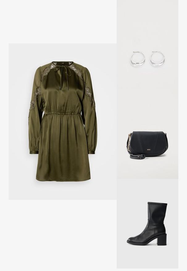 Robe vert olive en satin avec des manches longues, des accents en dentelle aux épaules, un col à cordon, et une taille élastique. Texture lisse.; Botte en cuir noir à cheville avec un bout rond, texture lisse et un talon épais, présentant un tige ajustée et un subtil détail de couture.; Sac bandoulière en cuir noir avec détail de chaîne dorée et logo « BOSS » embossé sur le rabat central avant.; Boucles d'oreilles en argent avec une finition polie et un branding DKNY, présentées sur un fond blanc uni.