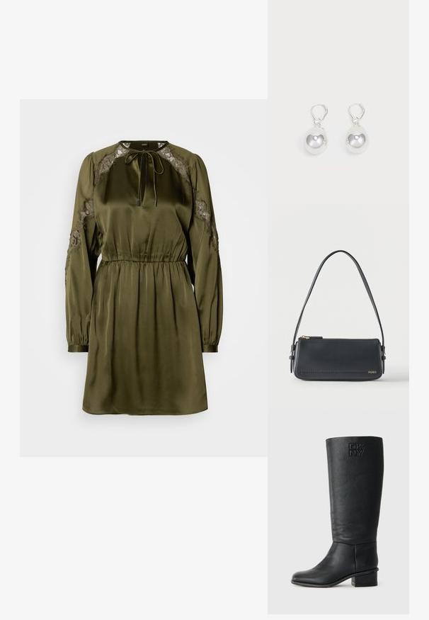 Robe vert olive en satin avec des manches longues, des accents en dentelle aux épaules, un col à cordon, et une taille élastique. Texture lisse.; Botte en cuir noire montant jusqu'au genou, avec une finition texturée, un bout rond et un petit talon bloc. Présente le logo DKNY embossé sur l'arrière de la tige.; Sac à bandoulière rectangulaire en cuir noir avec fermeture éclair dorée et petit logo "HUGO" doré sur le devant, doté d'une sangle réglable avec boucle.; Boucles d'oreilles en argent en forme de goutte avec des surfaces lisses, rondes et réfléchissantes, suspendues à des fermoirs à ressort. L'arrière-plan est blanc uni.