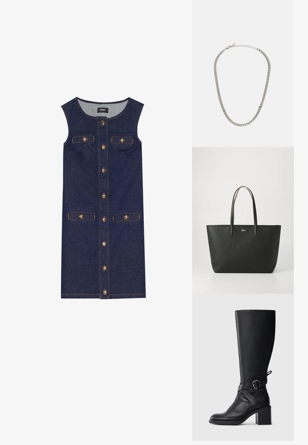 Denim jurk met een mouwloos ontwerp, donkerblauwe kleur, voor sluiting met knopen en twee zakken. Details van knopen in goudkleur en stiksels als accent.; Zwarte leren enkellaars tot de kuit met blokhak en decoratieve band met een zilveren gesp, op een effen lichte achtergrond.; Zwarte leren tote bag met een textuurafwerking, dubbele handvatten en een klein zilveren logo aan de voorkant. Eenvoudig, rechthoekig ontwerp.; Zilveren kettinghalsband met variërende schakels, voorzien van een karabijnsluiting en een klein merkteken, met een gladde, gepolijste textuur.