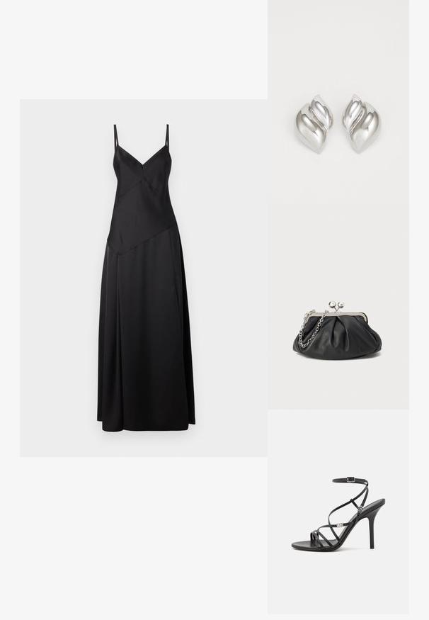 Vestido maxi de satén negro con delgadas tirantes ajustables, que presenta un diseño geométrico y una silueta fluida. Textura suave con un acabado mate.; Sándalo negro de tacón alto con tiras finas, hebilla en el tobillo, superficie de cuero suave y tacón de aguja esbelto.; Clutch de cuero negro con textura arrugada, marco de metal en tono plateado, cierre de beso y cadena para colgar. Superficie suave y lisa.; Pendientes de plata con una forma orgánica y abstracta. Superficie lisa y brillante con un diseño cónico. Presentan suaves curvas y un detalle de línea central.