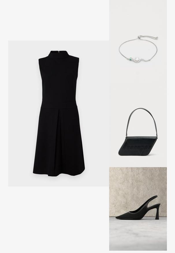 Sort ærmeløs kjole med høj halsudskæring, tætsiddende liv og plisseret skørt. Glat stof med lynlås bagpå.; Sort spids tå slingback højhælet sko med DKNY-logo indeni, placeret på et reflekterende gulv nær en metalramme, der holder lærreder.; Sort skuldertaske i læder med trekantet form, præget logo og en enkelt justerbar rem. Minimalistisk design med glat tekstur.; Sølv armbånd formet som en slange med en perle og grønne accenter, der har et slankt, struktureret design og en sikker kæde-lukning.