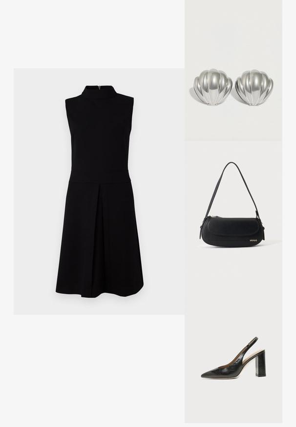 Sort ærmeløs kjole med høj halsudskæring, tætsiddende liv og plisseret skørt. Glat stof med lynlås bagpå.; Sort læder peep-toe slingback sko med høj blokhæl og beige indvendig foring mod en ensfarvet lys baggrund.; Sort skuldertaske i læder med buet klap, guld "HUGO" logo på forsiden og enkelt justerbar strop.; To sølvfarvede kompakte spejle formet som muslingeskaller med ribbede detaljer, placeret side om side på en hvid baggrund.