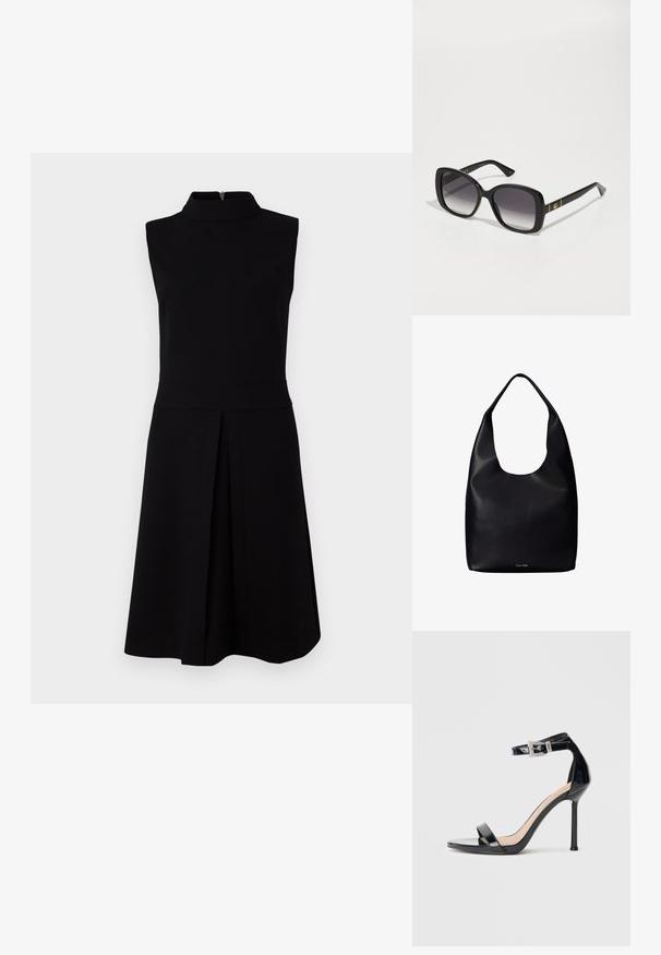 Sort ærmeløs kjole med høj halsudskæring, tætsiddende liv og plisseret skørt. Glat stof med lynlås bagpå.; Sort højhælet sandal i laklæder med ankelrem. Har minimalistisk design, åben tå og spænde med rhinsten-detaljer.; Sorte oversized solbriller med gradient grå linser, tykk blank plastikramme og guld logoer på stængerne.; Sort læder shoppertaske med en bred enkelt skulderrem og et subtilt Calvin Klein-logo nederst i midten.