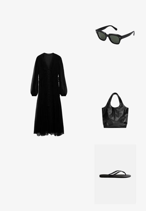 Robe maxi noire en tissu transparent, avec des manches longues, un décolleté en V profond, une fermeture à boutons sur le devant et des détails froncés à la taille.; Sandale tong en caoutchouc noir avec semelle texturée et fines brides en Y sur un fond blanc uni.; Lunettes de soleil carrées noires avec des verres vert foncé, présentant des montures audacieuses et des accents argentés sur les côtés. Fabriquées en Italie.; Sac fourre-tout en cuir noir avec une texture lisse, un haut arrondi doux et de larges poignées. Présente une couture minimale et une silhouette décontractée.