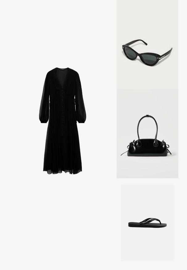 Vestido maxi negro de tela transparente, con mangas largas, escote en V profundo, botones en la parte delantera y detalles recogidos en la cintura.; Sandalia tipo chancla negra de goma con suela texturizada y correas lisas, vista lateral sobre un fondo liso gris claro.; Gafas de sol de estilo gato negro con lentes oscuros, marco de plástico brillante y acentos de hardware plateado en las patillas. Textura suave en toda la superficie.; Pequeño bolso negro brillante con dos asas largas y detalles de cordón lateral sobre un fondo claro liso.