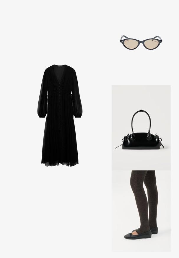 Robe maxi noire en tissu transparent, avec des manches longues, un décolleté en V profond, une fermeture à boutons sur le devant et des détails froncés à la taille.; Jambes portant des leggings côtelés foncés associés à des ballerines noires avec de petits détails en nœud sur fond blanc.; Lunettes de soleil noires à monture œil de chat avec des verres teintés brun clair et de petits points décoratifs près des charnières.; Petit sac à main noir brillant avec deux longues anses et des détails à cordon sur les côtés sur un fond clair uni.