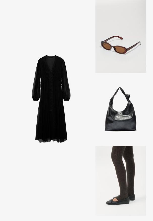 Vestido maxi negro de tela transparente, con mangas largas, escote en V profundo, botones en la parte delantera y detalles recogidos en la cintura.; Piernas con leggings oscuros acanalados combinados con bailarinas negras que presentan pequeños detalles de lazo sobre un fondo blanco.; Gafas de sol redondas con tinte marrón y un marco burdeos brillante. Patillas delgadas con un sutil detalle de marca. Diseño de lentes planos.; Bolso de cuero trenzado negro con un diseño relajado, que presenta una correa anudada y un pequeño tachuela dorada decorativa en la parte superior.