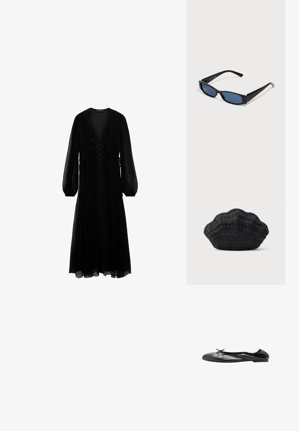 Vestido maxi negro de tela transparente, con mangas largas, escote en V profundo, botones en la parte delantera y detalles recogidos en la cintura.; Bailarina plana de cuero negro con un pequeño lazo en la parte delantera y una costura trasera ligeramente fruncida, mostrada de lado sobre un fondo blanco.; Gafas de sol negras con una elegante montura rectangular y lentes azules. Presentan una textura suave y varillas resistentes. Logo de la marca en el costado.; Bolso de mimbre negro con forma de concha de vieira con parte superior curva y textura tejida sobre un fondo liso.
