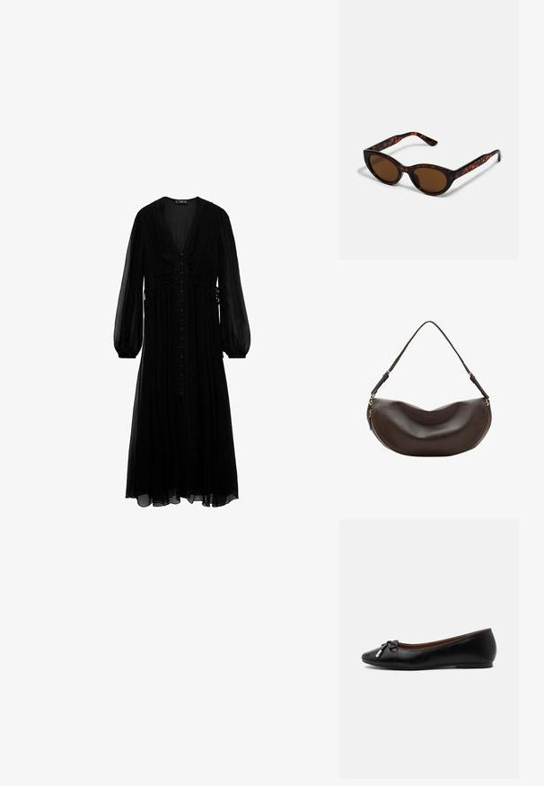 Vestido maxi negro de tela transparente, con mangas largas, escote en V profundo, botones en la parte delantera y detalles recogidos en la cintura.; Zapato bailarín plano de cuero negro con punta redondeada, pequeño lazo con extremos dorados y un tacón bajo y plano sobre fondo gris.; Gafas de sol de carey marrón con una forma vintage de ojo de gato y lentes marrones. Presentan brazos curvados con acentos rojos.; Bolso de hombro de cuero marrón oscuro con forma curva, correa ajustable y cremallera dorada a lo largo del borde inferior.