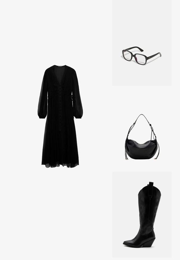 Vestido maxi negro de tela transparente, con mangas largas, escote en V profundo, botones en la parte delantera y detalles recogidos en la cintura.; Bota de vaquero de cuero negro con punta puntiaguda, tacón bloqueado inclinado, costuras decorativas y lengüetas en la parte superior sobre fondo blanco.; Gafas rectangulares negras con lentes transparentes, con bordes redondeados y acentos laterales, con un acabado brillante en el marco y las patillas.; Bolso de hombro de cuero negro con una sola correa y detalles de cremallera y herrajes en tono dorado sobre un fondo blanco.