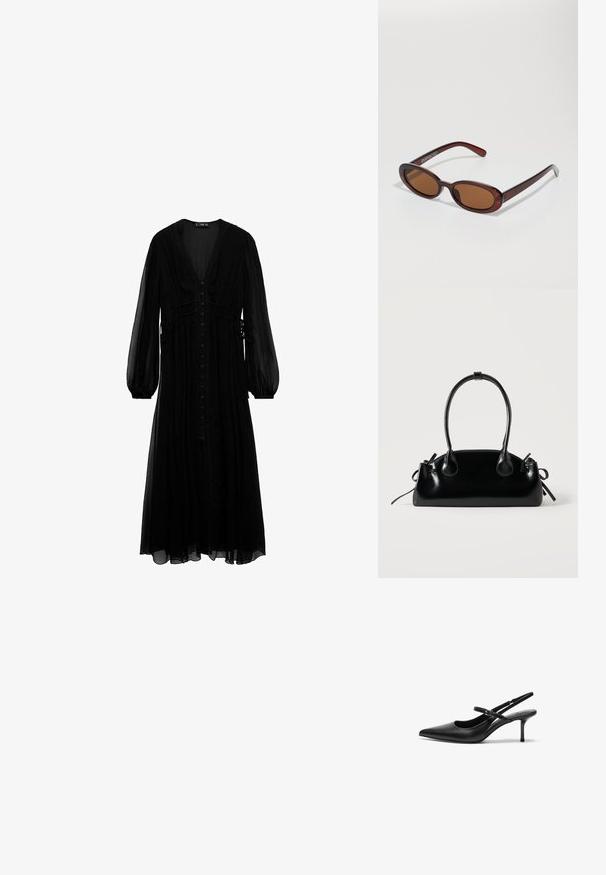 Vestido maxi negro de tela transparente, con mangas largas, escote en V profundo, botones en la parte delantera y detalles recogidos en la cintura.; Zapatos de tacón slingback de cuero negro con punta afilada, correa ajustable delgada y un tacón de aguja de aproximadamente 5 cm, textura suave.; Gafas de sol redondas con tinte marrón y un marco burdeos brillante. Patillas delgadas con un sutil detalle de marca. Diseño de lentes planos.; Pequeño bolso negro brillante con dos asas largas y detalles de cordón lateral sobre un fondo claro liso.