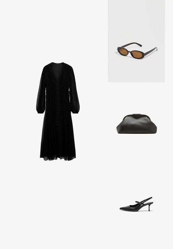 Vestido maxi negro de tela transparente, con mangas largas, escote en V profundo, botones en la parte delantera y detalles recogidos en la cintura.; Zapatos de tacón slingback de cuero negro con punta afilada, correa ajustable delgada y un tacón de aguja de aproximadamente 5 cm, textura suave.; Gafas de sol con lentes ovaladas marrones, montura de plástico negro y varillas delgadas. Textura suave con un diseño minimalista.; Bolso de mano de cuero negro suave con un marco redondeado y un pequeño cierre en la parte superior central.