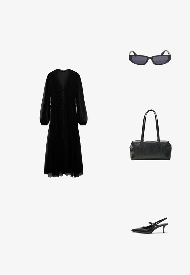 Robe maxi noire en tissu transparent, avec des manches longues, un décolleté en V profond, une fermeture à boutons sur le devant et des détails froncés à la taille.; Talons aiguilles noires en cuir avec un bout pointu, une fine bride réglable, et un talon aiguille d'environ 5 cm, texture lisse.; Lunettes de soleil rectangulaires noires avec des verres teintés foncés et des montures épaisses sur fond blanc.; Sac à main rectangulaire en cuir noir avec deux longues bandoulières et une fermeture zippée sur le dessus.