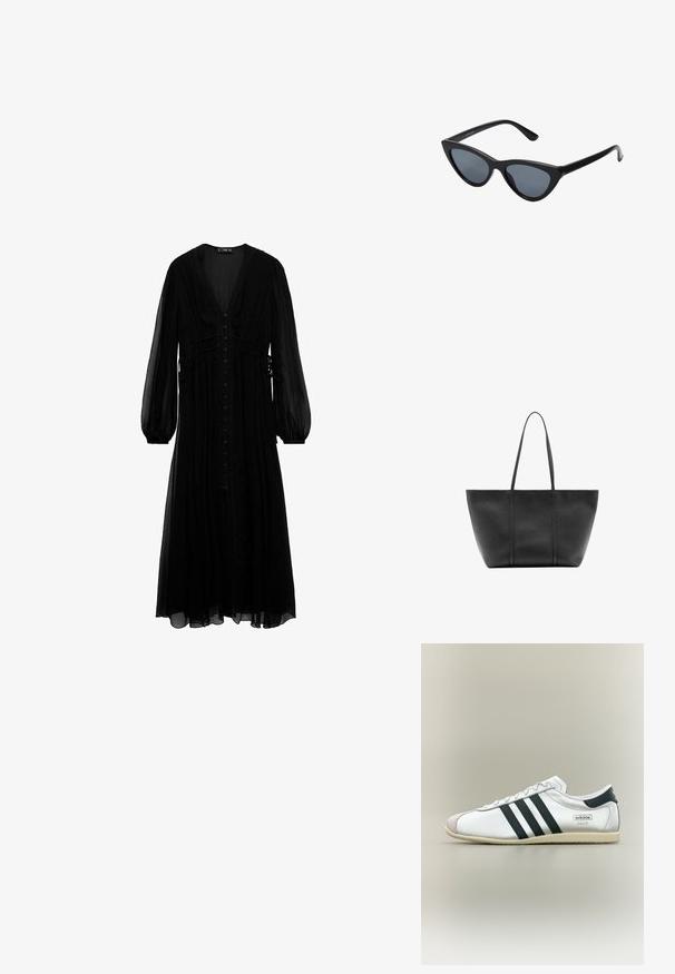 Vestido maxi negro de tela transparente, con mangas largas, escote en V profundo, botones en la parte delantera y detalles recogidos en la cintura.; Zapatilla blanca Adidas Paris con rayas negras, suela beige y puntera de ante, vista desde un lado sobre un fondo neutro.; Gafas de sol negras en forma de ojo de gato con lentes gris oscuro, marco de plástico elegante, esquinas puntiagudas y patillas rectas. Sin herrajes ni acentos visibles.; Bolso tote de cuero negro con asas largas y delgadas, superficie texturizada y parte superior ancha y abierta.