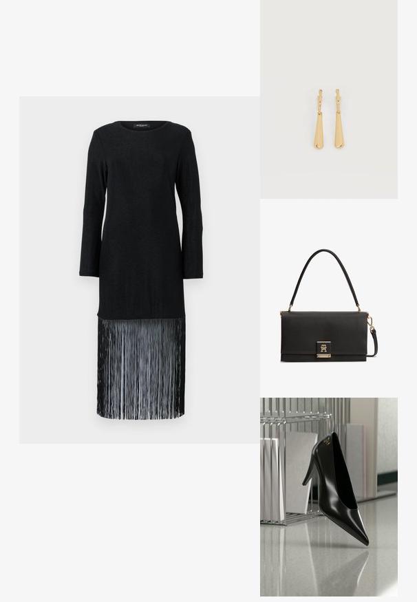 Vestido negro de manga larga que presenta un top liso y un dobladillo con flecos. La tela tiene un brillo sutil, proporcionando un contraste de textura con el detalle de los flecos.; Zapato de tacón alto negro con punta afilada y logo dorado, colocado sobre una superficie reflectante cerca de un organizador de archivos de alambre cromado con documentos.; Bolso de mano de cuero negro texturizado con asa superior, cierre dorado con el logo entrelazado de TH y una correa para el hombro desmontable.; Pendientes colgantes en tono dorado con colgantes alargados y suaves en forma de lágrima, colgando de cierres de aros pequeños sobre un fondo blanco.