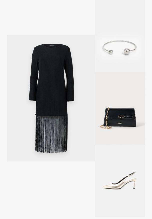 Vestido negro de manga larga que presenta un top liso y un dobladillo con flecos. La tela tiene un brillo sutil, proporcionando un contraste de textura con el detalle de los flecos.; Zapato slingback de punta fina en color dorado metálico con tacón de aguja de altura media y forro interior negro sobre un fondo blanco.; Bolso de mano de cuero negro con una correa de cadena dorada, forma rectangular, detalles en relieve en la solapa y logo dorado en la parte frontal.; Brazalete de metal plateado con dos acentos esféricos en cada extremo, superficie lisa, diseño abierto y forma elegante y minimalista.