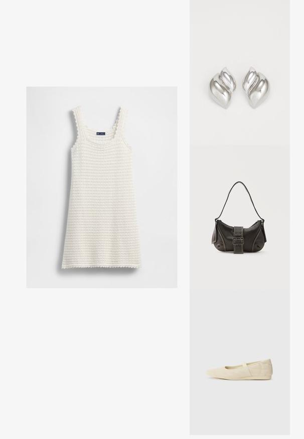 Robe sans manches tricotée en blanc avec des bords en forme de vagues et une texture en maille, posée à plat sur un fond blanc.; Ballerines beiges avec une exterior en cuir lisse, un bout en forme d'amande et une sangle élastique sur le coup de pied, avec des détails de couture subtils.; Sac à épaule en cuir noir avec une sangle à boucle, des bords arrondis et des coutures blanches contrastées sur un fond uni.; Boucles d'oreilles en argent avec une forme organique et abstraite. Surface lisse et brillante avec un design effilé. Présente des courbes subtiles et un détail central en ligne.
