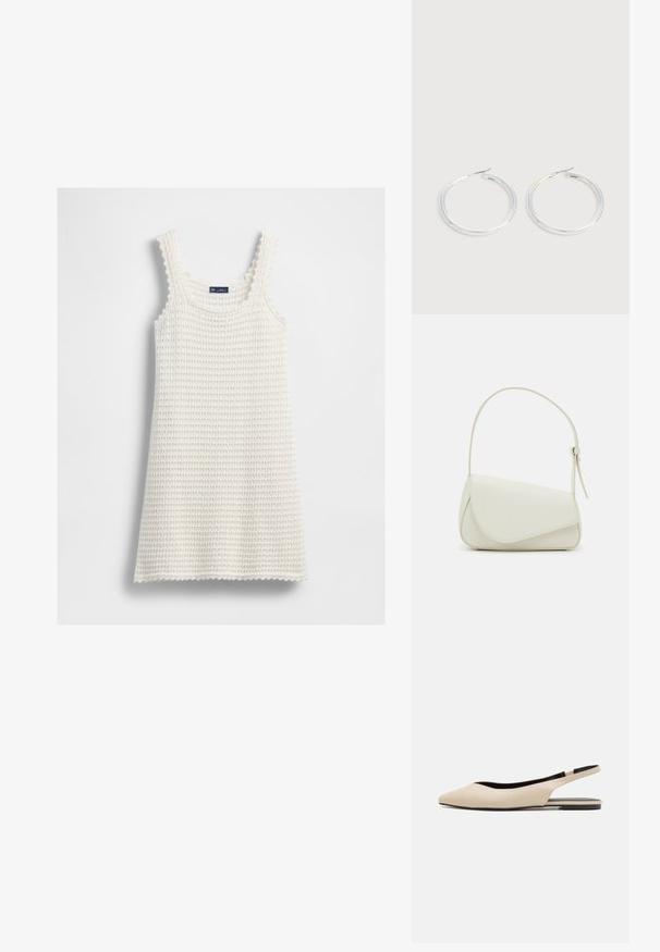 Valge kudumiga ilma varrukateta kleit, mille ääred on lainelised ja tekstuur on vahvlilaadne, asetatud tasasele valgele taustale.; Beezid nahkist slingback tossud terava ninaga, minimalistlik disain, sile tekstuur ja madal must tald.; Valge kunstnahast käekott, millel on struktureeritud kolmnurkne kuju, üks reguleeritav rihm ja kõverjooneline klapp.; Paari läikiva hõbedase rõngaskujulise kõrvarõngastega, millel on õhukesed traatlukkud, kuvatud heleda halli taustal.