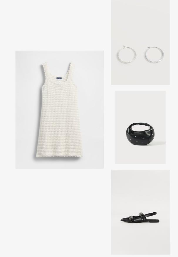 Biely pletený šatník bez rukávov so zúbenými okrajmi a vaflovou textúrou, rozložený na bielom pozadí.; Even&Odd by Zalando Balerínky na šnúrky - black; Čierna kožená kabelka s zaobleným tvarom, zdobená striebornými cvočkami a krátkym rúčkou. Hladká textúra a zapínanie na zips.; Strieborné kovové kruhové náušnice s hladkým, mierne zakriveným povrchom a zapínaním na poistku na jednoduchom bielom pozadí.