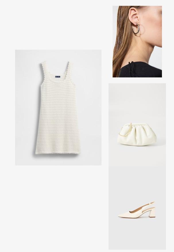 Witte gebreide mouwloze jurk met gegolfde randen en wafelstructuur, vlak gelegd op een witte achtergrond.; Slingback pump van glanzend crèmekleurig lakleer, met een spitse neus en een stevige blokhak voor stabiliteit. Minimalistisch ontwerp, zonder versieringen.; Witte leren handtas met een geassembleerd ontwerp, voorzien van een gouden kettingband en een ronde vorm. Gladde textuur met zachte plooien en geen patronen.; Zilveren oorbel met een gepolijste afwerking, met kleine gouden accentdetails en een ronde vorm, gedragen op de oorlel.