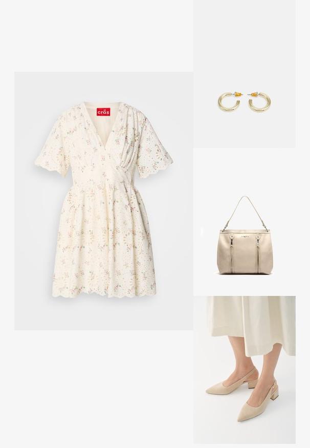 Valge kleit, millel on roosa ja rohelise lillemuster, V-kaelus, lühikesed varrukad ja sakilise äärega. Silmadega kangatekstiuri detail.; Beez suede slingback kingad terava ninaga ja ploki kontsaga. Kujunduses on külgedel lõikeauk ja kuldne kinnituseaktsent.; Pehmeast beežist nahast käekott ühe õlarihmaga, ees kaks vertikaalset lukuga taskut ja väikesed dekoratiivsed metallnööbid.; Kullatud tooni rõngas kõrvarõngad, millel on sile, ümar kuju ja poleeritud pind. Tagaküljel on oranžid aktsendid, mis tagavad kindla kinnituse.