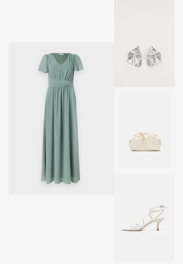 Robe maxi verte douce avec col en V, manches courtes bouffantes et large ceinture plissée, s'évasant en une jupe longue jusqu'au sol.; Sandale blanche pour femme avec talons fins, trois brides à l'avant et une sangle autour de la cheville avec une boucle argentée.; Pochette en cuir souple couleur crème avec un design froncé et une fine bandoulière reposant à l’avant sur un fond uni.; Boucles d'oreilles en métal argenté avec un design ondulé et sculptural, présentant une finition polie et des formes irrégulières, mettant en valeur une esthétique contemporaine.