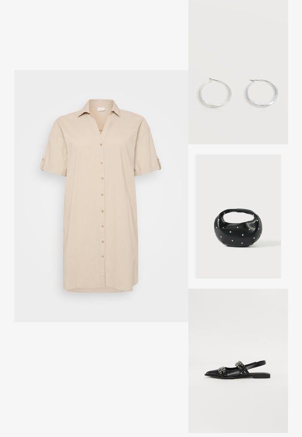 Bež särgkleit lühikeste varrukatega, valmistatud kergest kangast. Omab kraed ja sirget lõiget, millel on veidi ümar äär.; Even&Odd by Zalando Kannarihmaga baleriinad - black; Mustast nahast ümmarguse kujuga käekott, kaunistatud hõbedaste naeladega, lühikese sangaga. Sile tekstuur ja tõmblukuga sulgemine.; Hõbedased metallist rõngakujulised kõrvarõngad, millel on sile, kergelt kaarduv pind ja lukustuvad tagused kinnitused, valgel taustal.