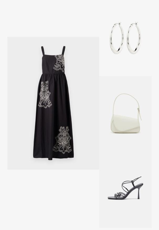 Vestido negro con tirantes finos, cinturilla fruncida y patrones florales bordados en blanco en el cuerpo y la falda.; Las sandalias negras de tacón alto presentan finas correas con un diseño anudado, una punta cuadrada suave y un elegante tacón de aguja.; Bolso de mano de imitación cuero blanco con una forma triangular estructurada, correa ajustable única y cierre con solapa acentuada en curva.; Pendientes de aro de plata con un acabado suave y brillante. Forma circular, con un cierre seguro. Diseño sencillo y elegante.