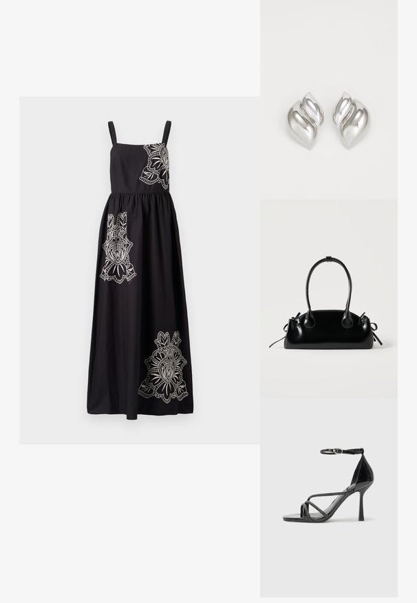 Vestido negro con tirantes finos, cinturilla fruncida y patrones florales bordados en blanco en el cuerpo y la falda.; Sándalo de charol negro con tacón alto y correa en el tobillo, que presenta tiras entrelazadas y una puntera afilada y elegante.; Pequeño bolso negro brillante con dos asas largas y detalles de cordón lateral sobre un fondo claro liso.; Pendientes de plata con una forma orgánica y abstracta. Superficie lisa y brillante con un diseño cónico. Presentan suaves curvas y un detalle de línea central.