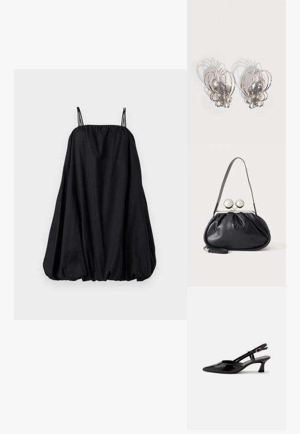 Zwarte jurk met dunne bandjes, losse ballonvorm en een geplooide halslijn. Gemaakt van zacht stof, met een gladde textuur zonder zichtbare patronen.; Zwarte lakleren slingback kitten heel schoen met spitse neus en verstelbare gouden gespsluiting op een witte achtergrond.; Zwarte leren handtas met een geplooid ontwerp, een enkele schouderband, zilverkleurige metalen omlijsting en twee grote ronde zilveren sluitingen.; Een paar zilveren metalen oorbellen met een open draadkooi-ontwerp en gladde centrale ovale vormen die gebogen schaduwen werpen op een witte achtergrond.