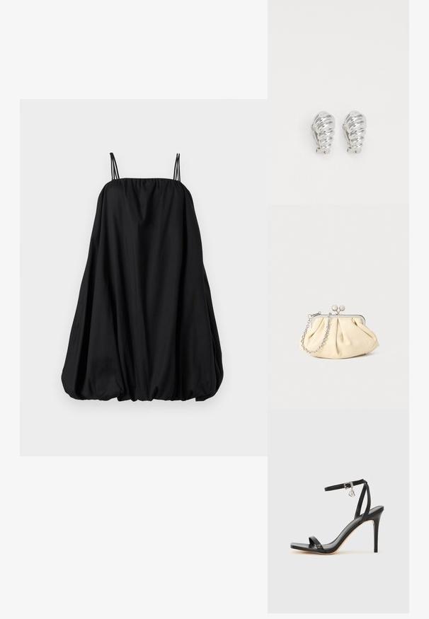 Robe noire à fines bretelles, coupe ample en forme de ballon, avec un col froncé. Fabriquée en tissu doux, présentant une texture lisse sans motifs visibles.; Sandale à talon haut noire avec une bride étroite à la cheville, bout carré, cuir lisse et accent de boucle métallique.; Pochette en cuir beige plissé avec un cadre en métal argenté, dotée de deux fermoirs ronds décoratifs et d'une chaîne en argent.; Boucles d'oreilles en clip argentées avec un design en spirale, présentant une texture métallique lisse et des formes arrondies. Pas d'embellissements ou de motifs visibles.
