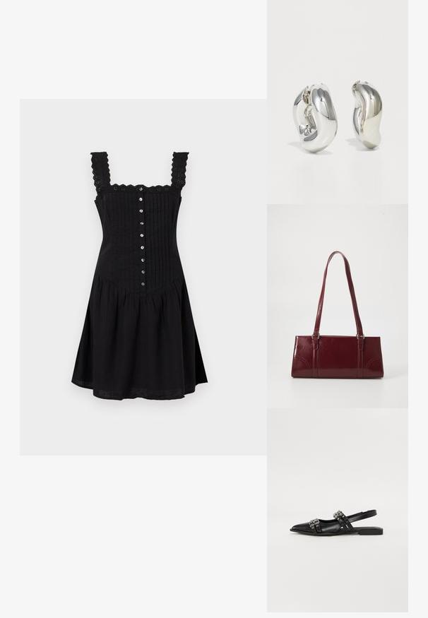 Robe noire sans manches avec bretelles en dentelle festonnées, boutons à l'avant, plis verticaux sur le corsage et jupe évasée sous la taille.; Even&Odd by Zalando Ballerines à brides arrière - black; Sac à main bordeaux en matériau brillant, de forme rectangulaire, avec deux anses et des accents légèrement courbés à l'avant.; Boucles d'oreilles sculpturales en argent avec des formes douces et courbes et des surfaces réfléchissantes. Présentent un design de boucle fermée et une forme organique distincte.