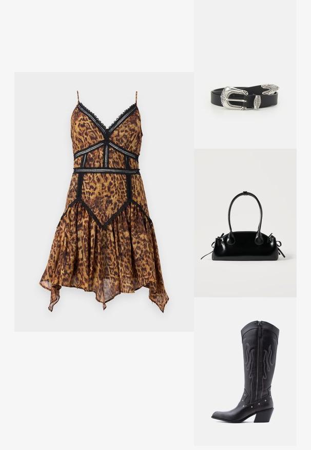 Ärmelloses Kleid mit Leopardenmuster und schwarzer Spitze, V-Ausschnitt, tailliert, mit asymmetrischem Saum, auf neutralem Hintergrund dargestellt.; Schwarze Cowboy-Stiefel aus Leder mit spitzer Zehenpartie, sichtbarer Nahtführung, silbernen Nietenakzenten und Reißverschluss auf der Innenseite.; Kleine schwarze glänzende Handtasche mit zwei langen Griffen und seitlichen Kordelzug-Details vor einfachem hellem Hintergrund.; Schwarzer Ledergürtel mit einer großen silbernen Metallschnalle, die über feine Verzierungen und dekorative Akzente an beiden Enden verfügt.
