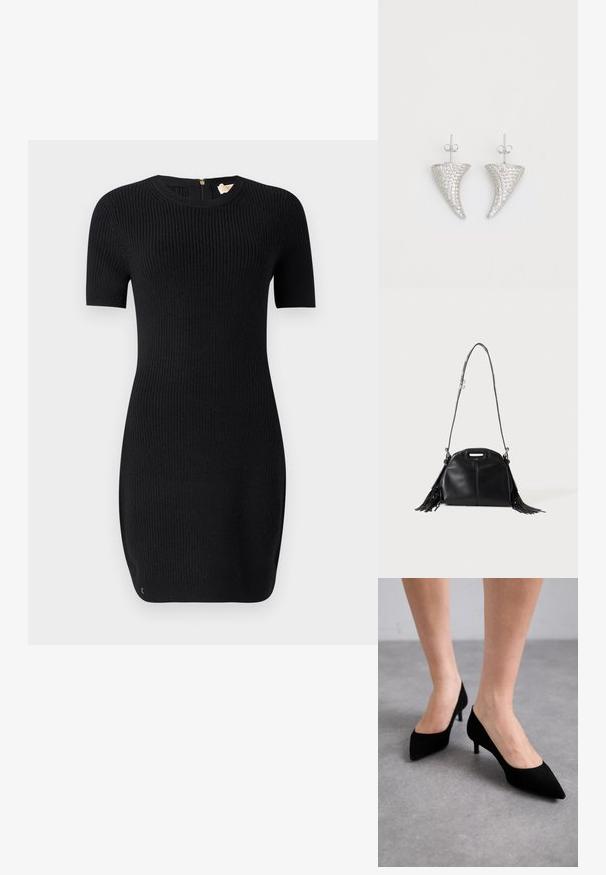 Vestido negro de punto con textura acanalada, mangas cortas y escote redondo. Cuenta con una cremallera en la parte posterior y una forma ajustada.; Zapatos de tacón de ante negro con punta afilada y un tacón medio delgado y clásico, presentados sobre pies descalzos contra un fondo gris.; Bolso de mano de cuero negro con larga correa para el hombro, pequeño asa superior y flecos en ambos lados, mostrado sobre un fondo liso.; Pendientes en forma de cuerno plateado, engastados con pequeñas piedras transparentes, que cuentan con un cierre trasero para su sujeción. Textura suave y acabado metálico.