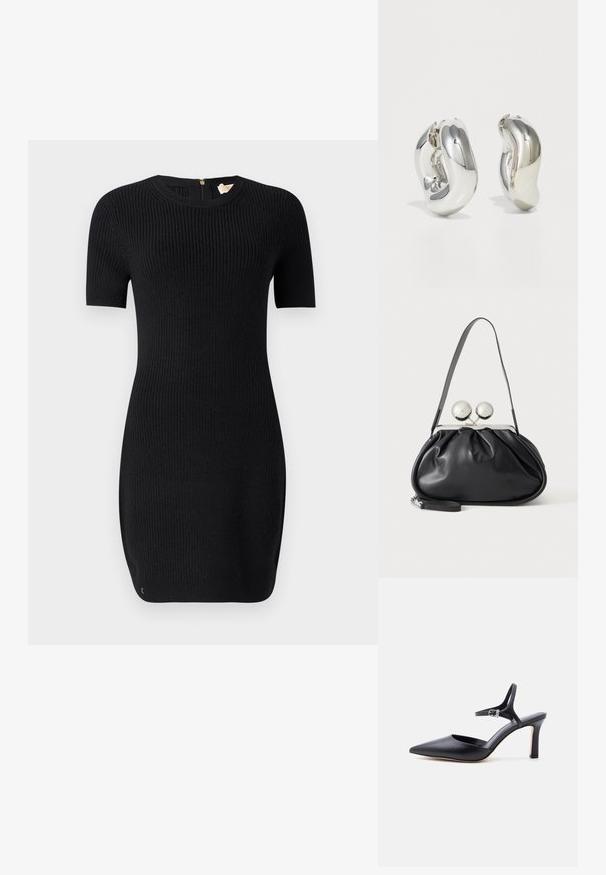 Robe noire en tricot avec une texture côtelée, manches courtes et col rond. Elle possède une fermeture éclair dans le dos et a une coupe ajustée.; Escarpin noir à bout pointu avec fine bride à la cheville et boucle argentée, finition en cuir lisse, chaussure élégante pour femme.; Sac à main en cuir noir avec un design plissé, une sangle unique, un cadre métallique argenté et deux grandes fermoirs ronds en argent.; Boucles d'oreilles sculpturales en argent avec des formes douces et courbes et des surfaces réfléchissantes. Présentent un design de boucle fermée et une forme organique distincte.