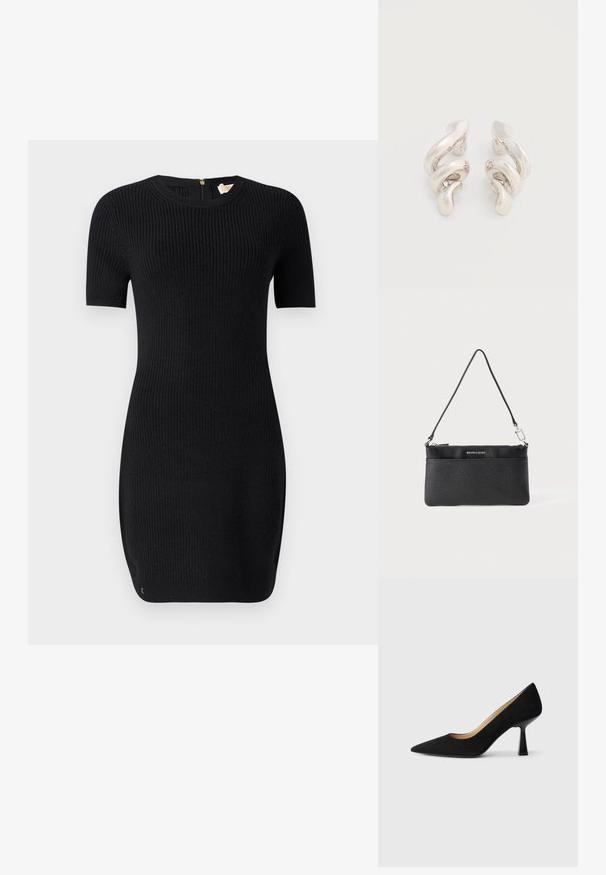 Vestido negro de punto con textura acanalada, mangas cortas y escote redondo. Cuenta con una cremallera en la parte posterior y una forma ajustada.; Zapato de tacón alto de ante negro con punta afilada, que cuenta con un tacón de bloque negro brillante y un forro interior suave.; Muñequera de cuero negro, acabado texturizado, cierre de cremallera, herrajes en tono plateado, logo de la marca, correa ajustable. Forma compacta y rectangular.; Pendientes de clip de metal plateado retorcido con un acabado liso y brillante, que presentan un diseño moderno y abstracto en espiral.