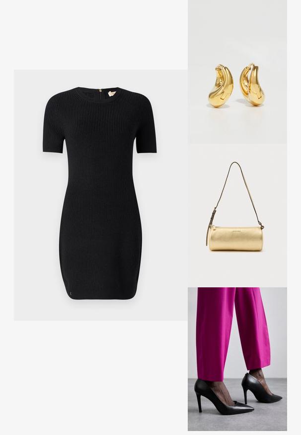 Robe noire en tricot avec une texture côtelée, manches courtes et col rond. Elle possède une fermeture éclair dans le dos et a une coupe ajustée.; Chaussures à talons hauts noires avec un design à bout pointu et une texture en cuir lisse. Associées à des pantalons ajustés rose vif.; Sac d'épaule cylindrique en cuir doré avec bandoulière réglable et fermeture éclair, logo Michael Kors centré sur le devant.; Boucles d'oreilles en or en forme de d'anneaux lisses et courbés avec une finition polie. Équipées d'un mécanisme de fermeture et de légères indentations pour le détail.